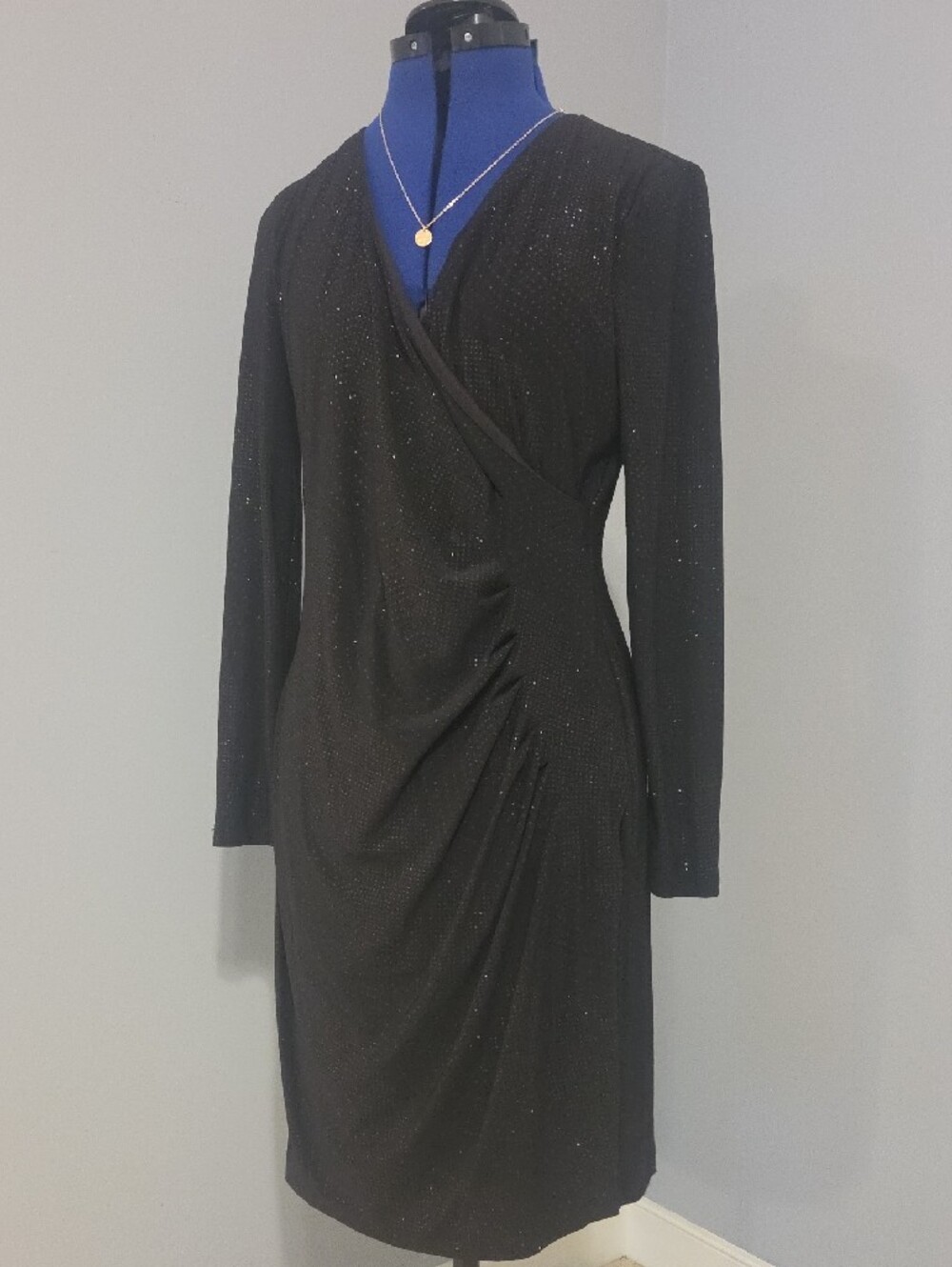 Calvin Klein Black Sparkle Wrap-Style Long Sleeve Dress - Picture 2 of 6